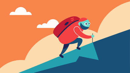 Person Climbing a Hill A character climbing a gentle hill with a heavy backpack labeled setbacks showcasing determination and the journey of overcoming challenges.