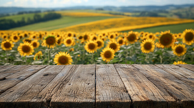 Rustic wooden table close up with blurred sunflower field under a bright blue sky. Product display for agricultural, organic, eco-friendly, and rural lifestyle themes. Vibrant summer background