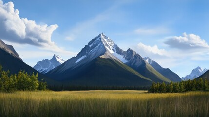 Fototapeta premium Majestic mountain landscape with snowy peaks and clear blue sky in serene natural setting.