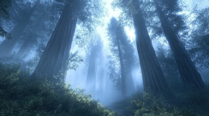 Obraz premium Majestic redwood forest in misty morning light with tall trees and lush greenery.