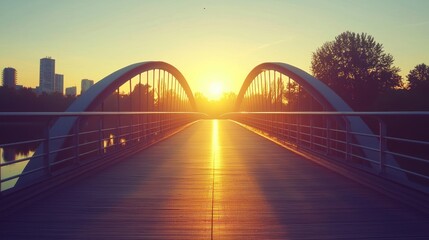 Obraz premium Sunrise over modern bridge, city skyline in background