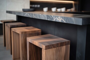 Modern kitchen counter with wooden stools