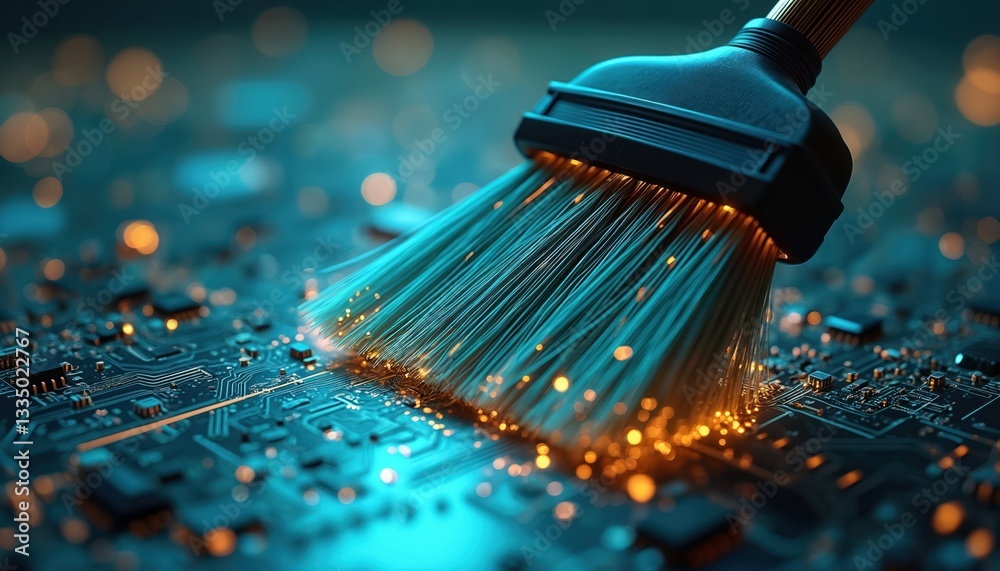 Poster broom sweeps digital circuit board with glowing lines, particles. cleaning electronic hardware conce