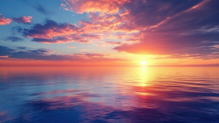 Obraz premium Vibrant sunset over calm ocean with colorful clouds and reflections.