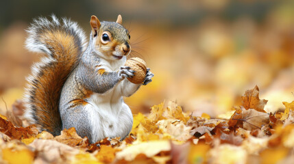 Obraz premium squirrel holding nut amidst colorful autumn leaves, showcasing nature beauty