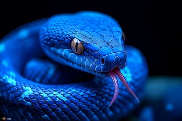 Obraz premium Vibrant blue viper, Macro snake portrait, Striking red eye, Forked tongue, Scaly texture, Intense gaze, Closeup reptile, Venomous serpent, Neon blue scales, Black background, Detailed snake skin, Wild