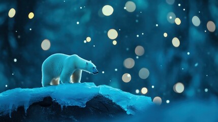 Fototapeta premium Polar bear on snow-covered ice with snowflakes and bokeh lights at night.
