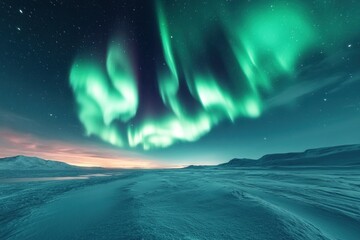 Fototapeta premium Snow-covered terrain glows under vibrant northern lights, showcasing a stunning natural display against the twilight sky