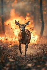 Deer fawn fleeing forest fire amidst falling autumn leaves.
