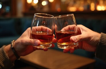Close-up of two hands holding whisky glasses. Friends clink glass with drink at party bar. Alcohol beverage, celebration event, friendship concept, cheers toasting success.