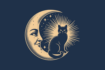 Mystical black cat sitting on a crescent moon, vintage engraving