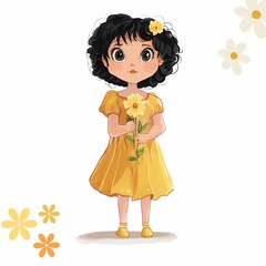 Cute Cartoon girl with yellow flower shining warmth and joy.