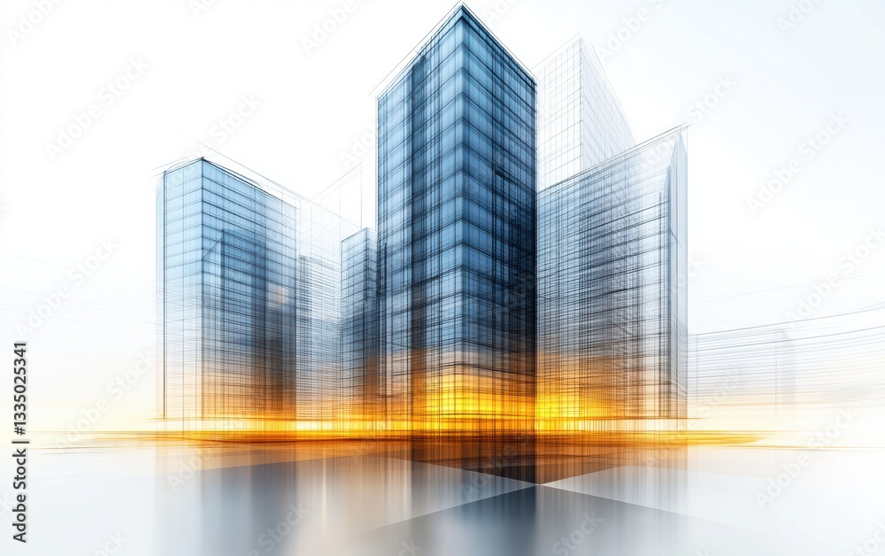 Fototapete technical digital rendering of a complex urban building, combining detailed wireframe elements with 