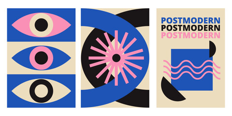 3 postmodern posters. Vector illustration. Isolated white background. Blue, pink and black colors.