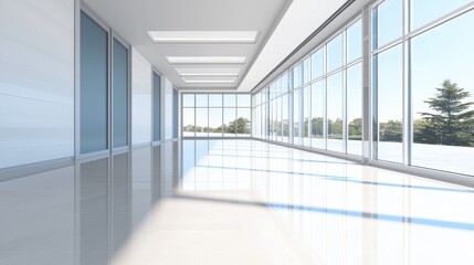 Fototapeta premium Ultra-modern hospital hallway with a seamless design, soft pastel blue accents, and natural sunlight streaming through expansive glass panels