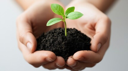 Hands holding a small seedling in soil demonstrating concepts of growth or conservation