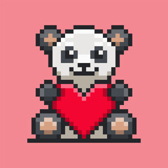 Pixel art illustration of an adorable panda holding a vibrant red heart, blends retro gaming aesthetics with a universally appealing symbol of love and affection