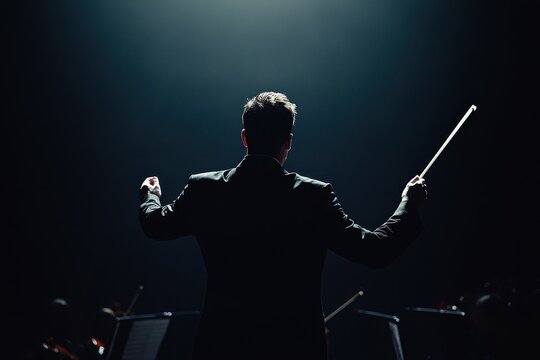 Blank space Anonymous male conductor directing an orchestra with hand gestures and a white baton captured in a studio with a dark backdrop