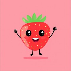 Fototapeta premium Smiling cartoon strawberry character with arms and leaves on pink background.