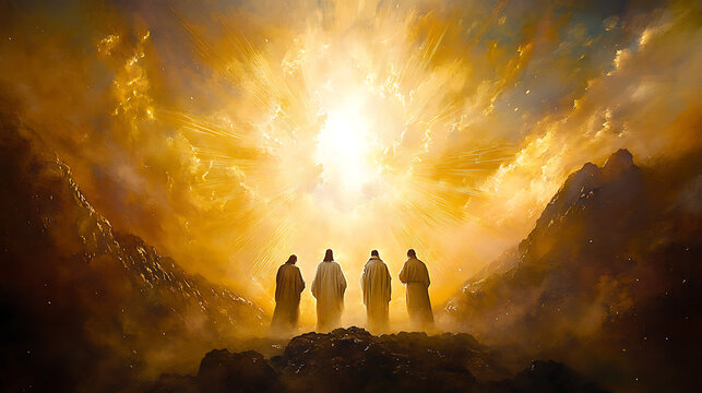 Jesus Christ transfigured in glorious majesty, his garments shining with pure white light, Moses and Elijah appearing in divine splendor, Peter, James,