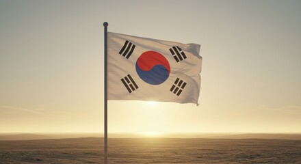 South korean flag waving at sunset in desert landscape