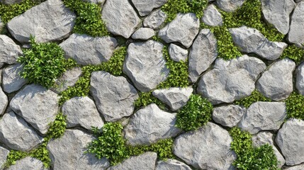 Obraz premium Textured Stone Wall with Green Plants Growing Between Stones