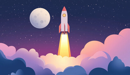 A rocket taking off into the sky, leaving behind a trail of smoke against a colorful, dreamy background, symbolizing innovation, exploration, and adventure.