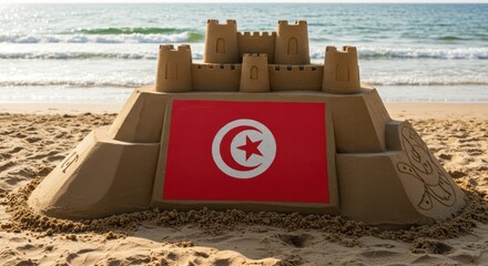 Intricate sandcastle design with tunisian flag on a sunny beach