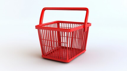 A 3D-rendered image of a red shopping basket, isolated on a white background. 