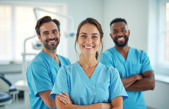Friendly dental doctors team in blue scrubs stand confidently in clinic. Smiling professionals. Modern dental healthcare concept. Group of experts in dental medicine. Dentistry, dental care services.
