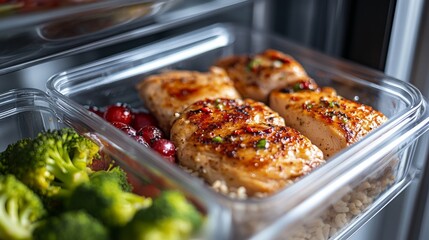 Grilled chicken breasts, cranberries, broccoli and rice in glass containers stored in refrigerator