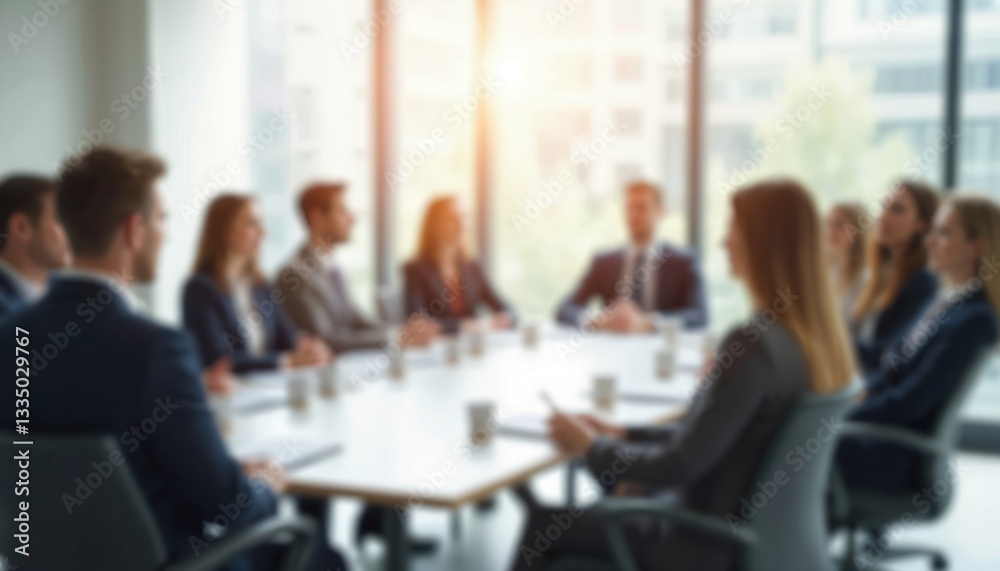 Fototapete Blurred image of business meeting with team sitting at table. Abstract office background with sunlight and defocused corporate employees discussing project plan. Backdrop for startup or presentation.