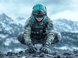 Soldier in tactical gear examines terrain in snowy mountain landscape