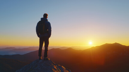 Fototapeta premium person stands on mountain peak, gazing at stunning sunset over horizon, evoking sense of adventure and tranquility