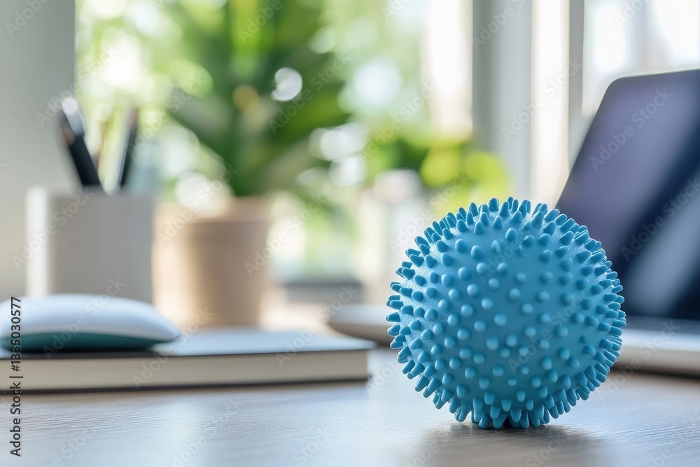 Poster workspace with a round orange object among office supplies, creating a vibrant and organized atmosph