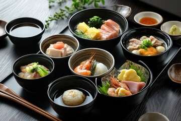 Boiled seafood chicken and pork with crispy pickled squid and shrimp in a vegetable soup served with dipping sauce