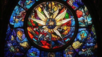 Stained glass window depicting celestial scene vibrant color intricate leadwork sense of spiritual