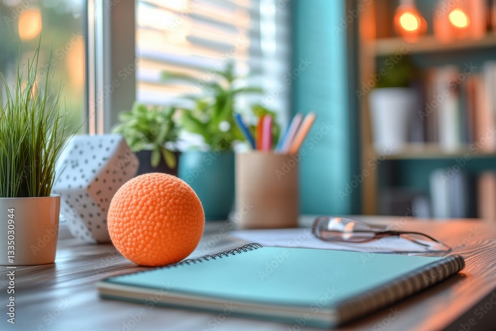 Poster workspace with a round orange object among office supplies, creating a vibrant and organized atmosph