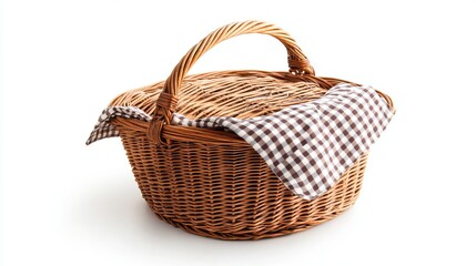 Fototapeta premium A single wicker picnic basket with a checkered napkin, isolated against a white background. 