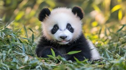 Fototapeta premium Adorable baby panda sitting in lush green bamboo forest