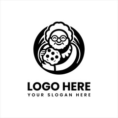 Grandma hugging cookies vector logo, warm bakery emblem with cute retro granny illustration