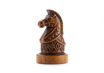 Intricately carved wooden horse chess knight on white background