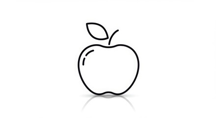 Illustration of a single apple with a leaf and a stem in black outline on white background
