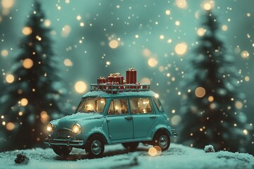 Festive Getaway: Car with gifts atop navigates a snowy winter wonderland scenery