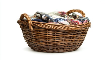 A wicker laundry basket containing clothes, isolated on a white background.