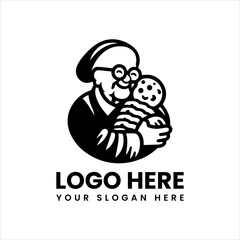 Grandma hugging cookies vector logo, warm bakery emblem with cute retro granny illustration