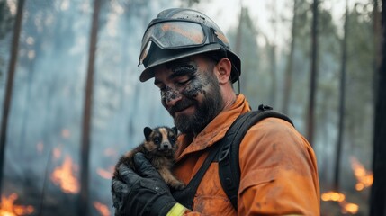 Obraz premium Male firefighter rescues small raccoon from forest fire with smiling expression.