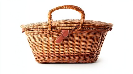 Fototapeta premium A wicker picnic basket with lids, isolated on a white background.