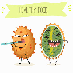 Bael fruit cute funny cheerful characters with different poses and emotions, wood apple whole and sliced. Vector hand drawn illistration.