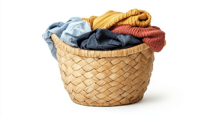 A wooden laundry basket filled with clothes, isolated against a white background. 